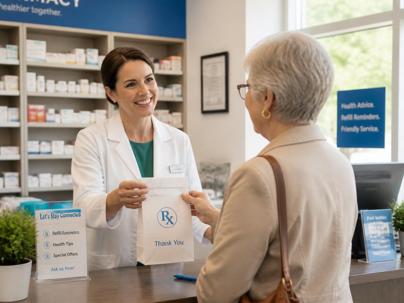 Pharmacist handing a prescription to a smiling customer at Danielson Pharmacy